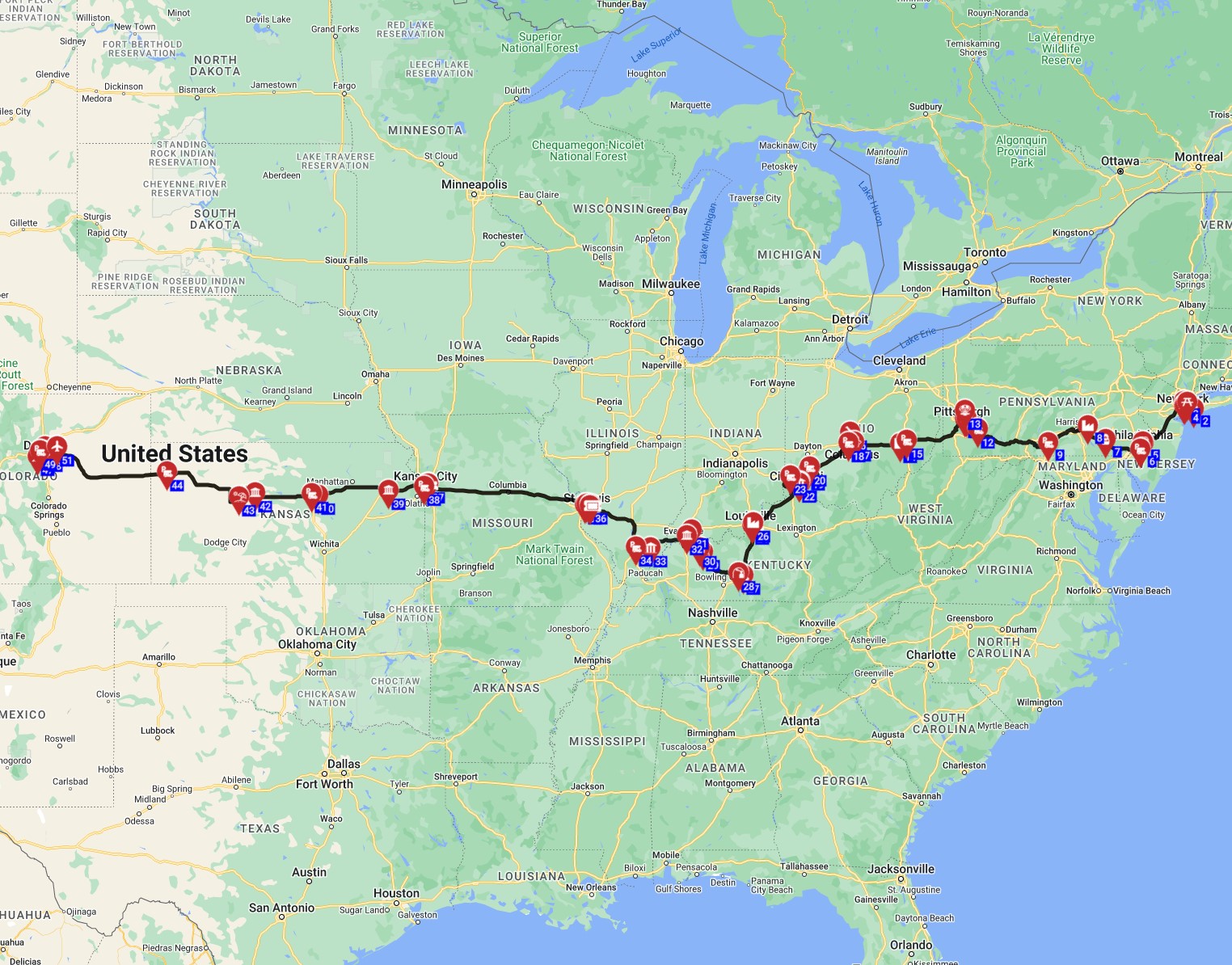 RV trip planner USA route planning from New York to Denver